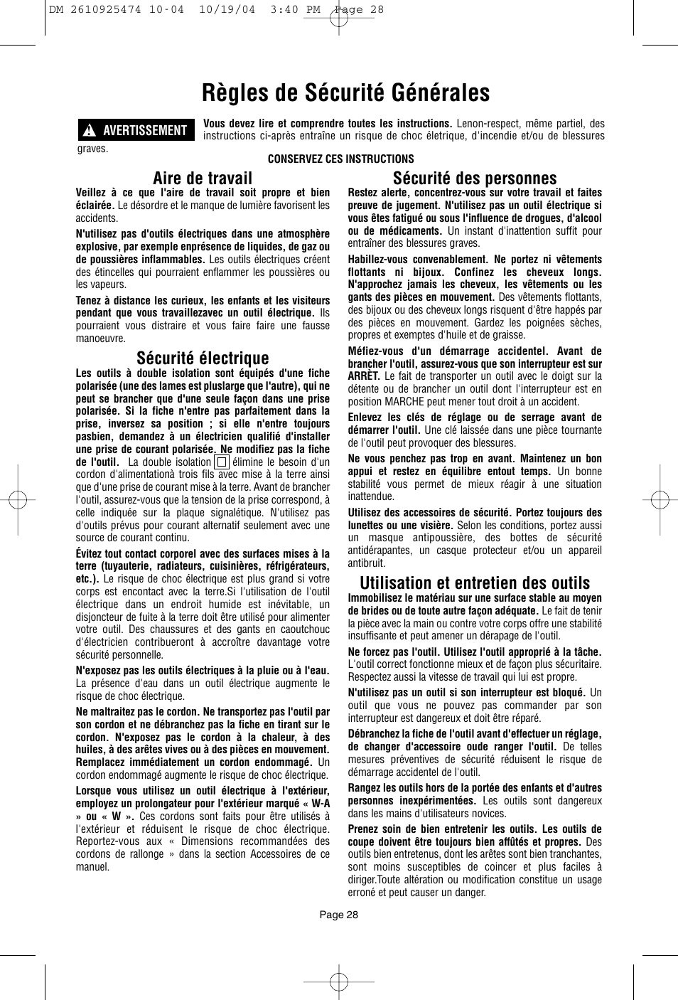 Règles de sécurité générales, Aire de travail, Sécurité électrique | Sécurité des personnes, Utilisation et entretien des outils | Bosch 275T6 User Manual | Page 28 / 92