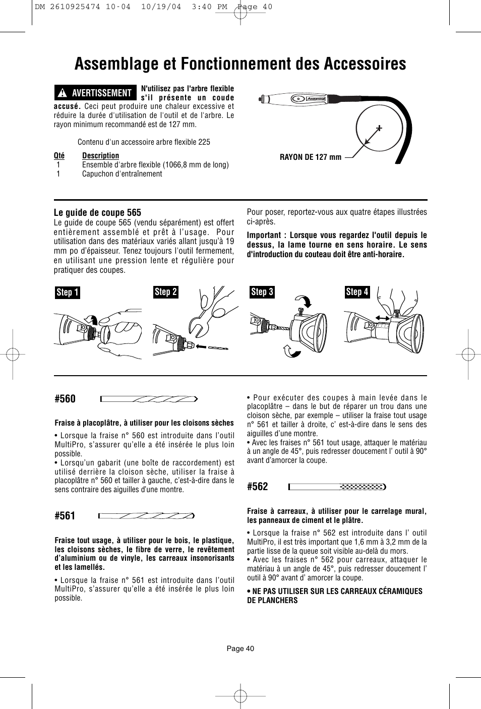 Assemblage et fonctionnement des accessoires, Step 1 step 2 step 3 step 4 avertissement, Le guide de coupe 565 | Bosch 275T6 User Manual | Page 40 / 92