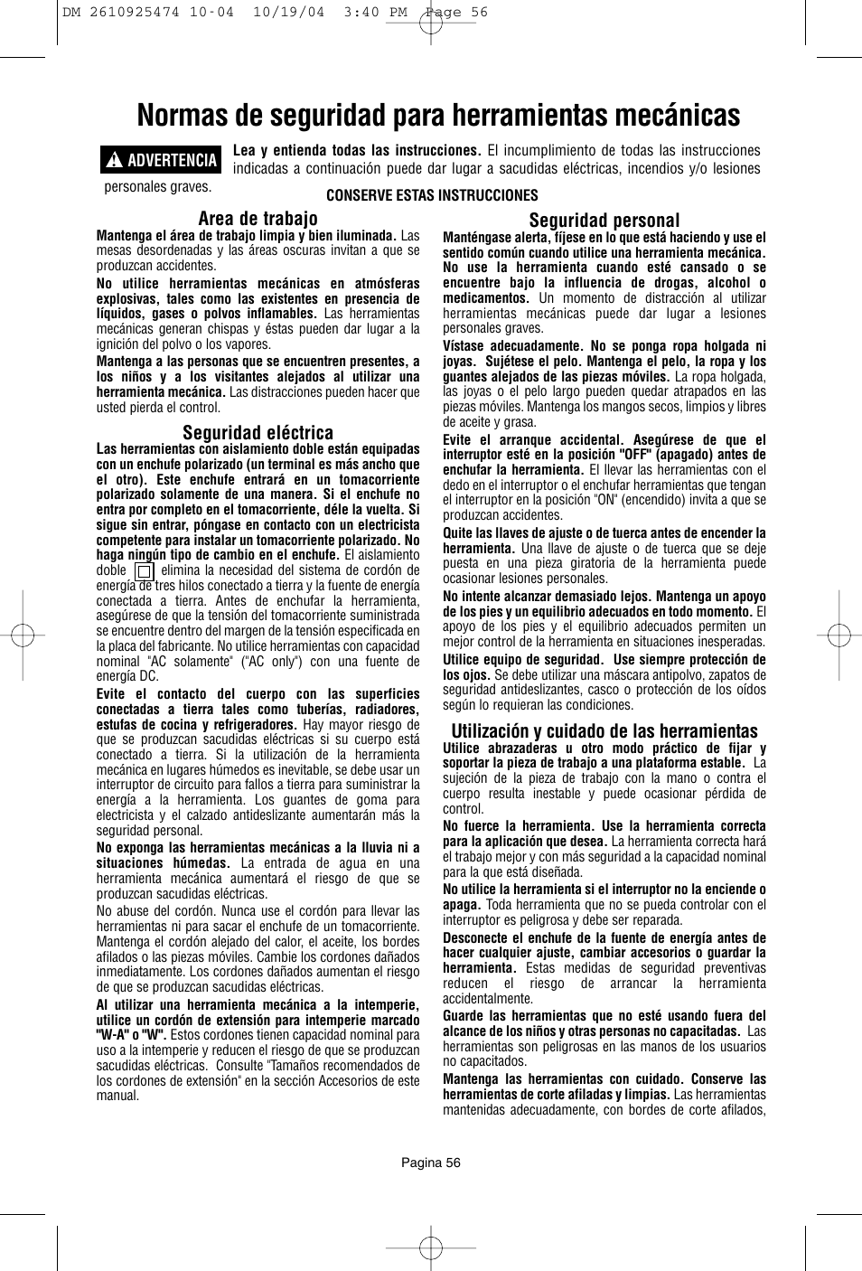 Normas de seguridad para herramientas mecánicas, Area de trabajo, Seguridad eléctrica | Seguridad personal, Utilización y cuidado de las herramientas | Bosch 275T6 User Manual | Page 56 / 92