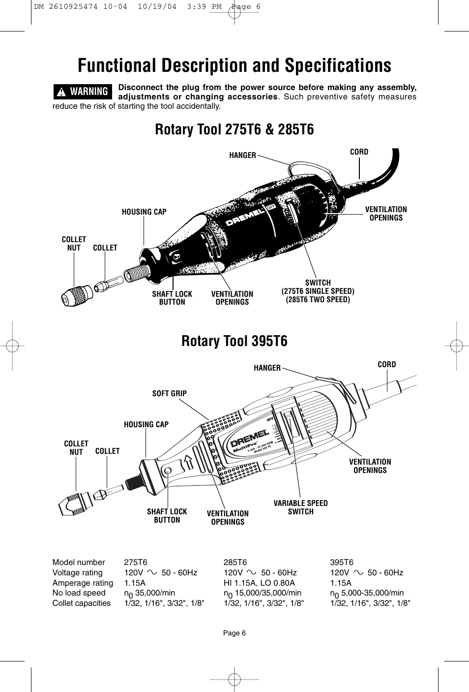 Functional description and specifications, Rotary tool 395t6, Warning | Bosch 275T6 User Manual | Page 6 / 92