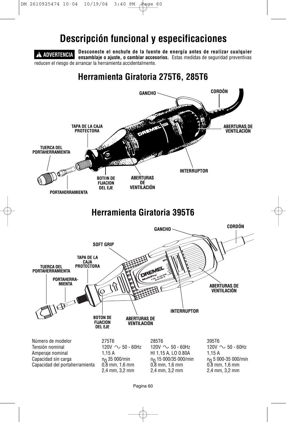 Descripción funcional y especificaciones, Herramienta giratoria 395t6 | Bosch 275T6 User Manual | Page 60 / 92