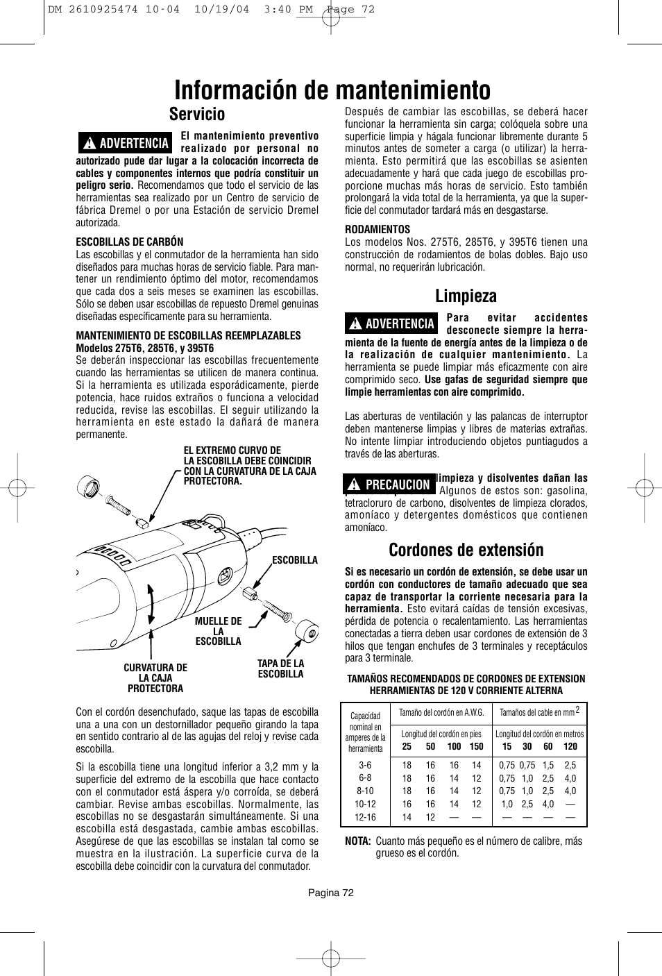 Información de mantenimiento, Servicio, Limpieza | Cordones de extensión, Advertencia ! advertencia ! precaucion | Bosch 275T6 User Manual | Page 72 / 92