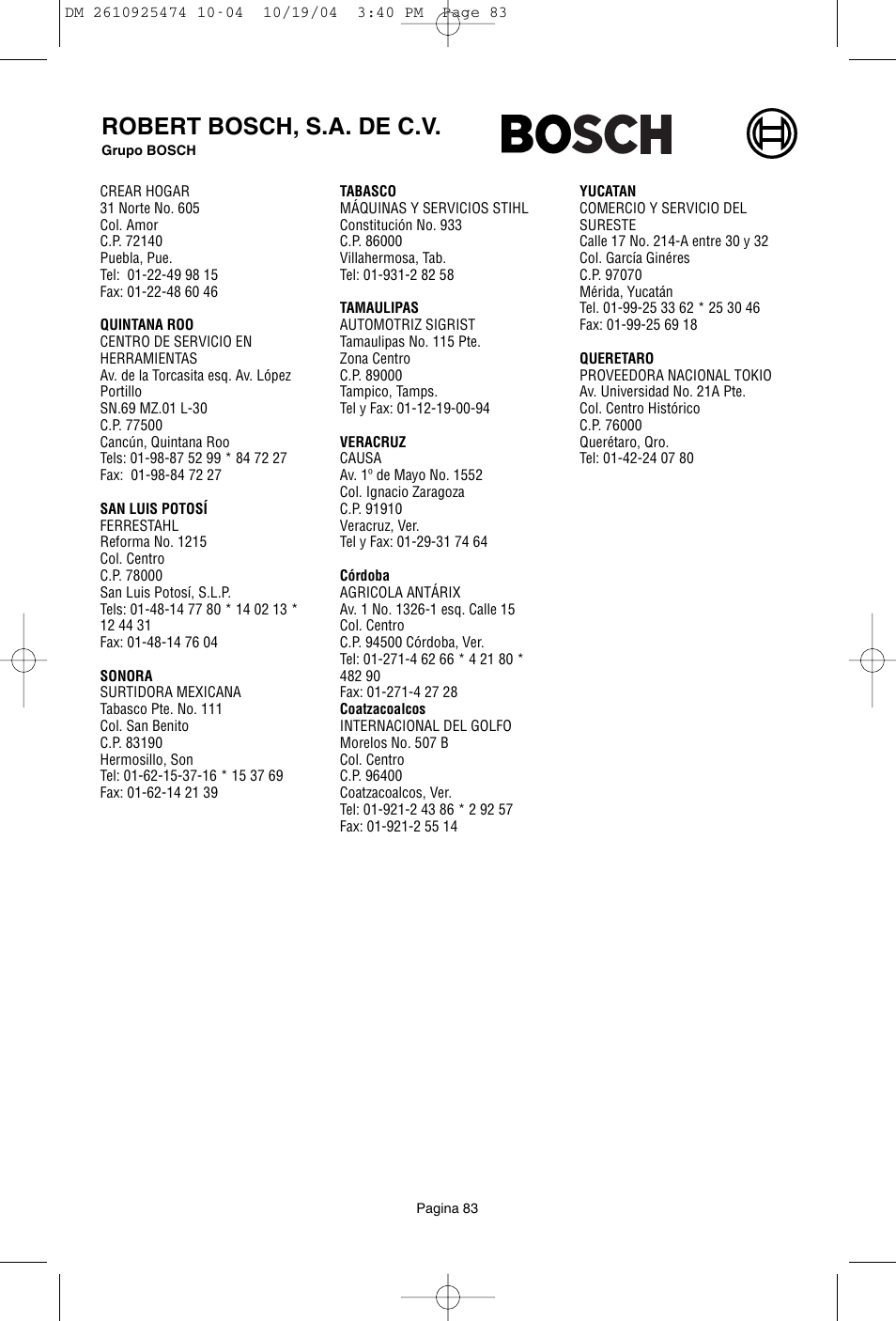 Robert bosch, s.a. de c.v | Bosch 275T6 User Manual | Page 83 / 92