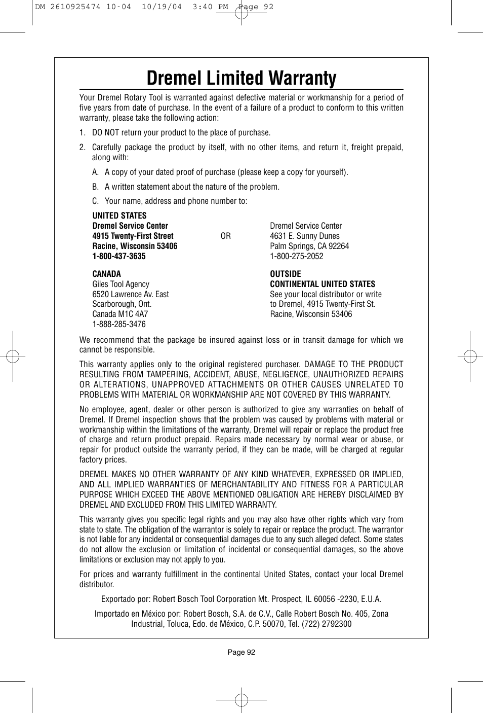 Dremel limited warranty | Bosch 275T6 User Manual | Page 92 / 92