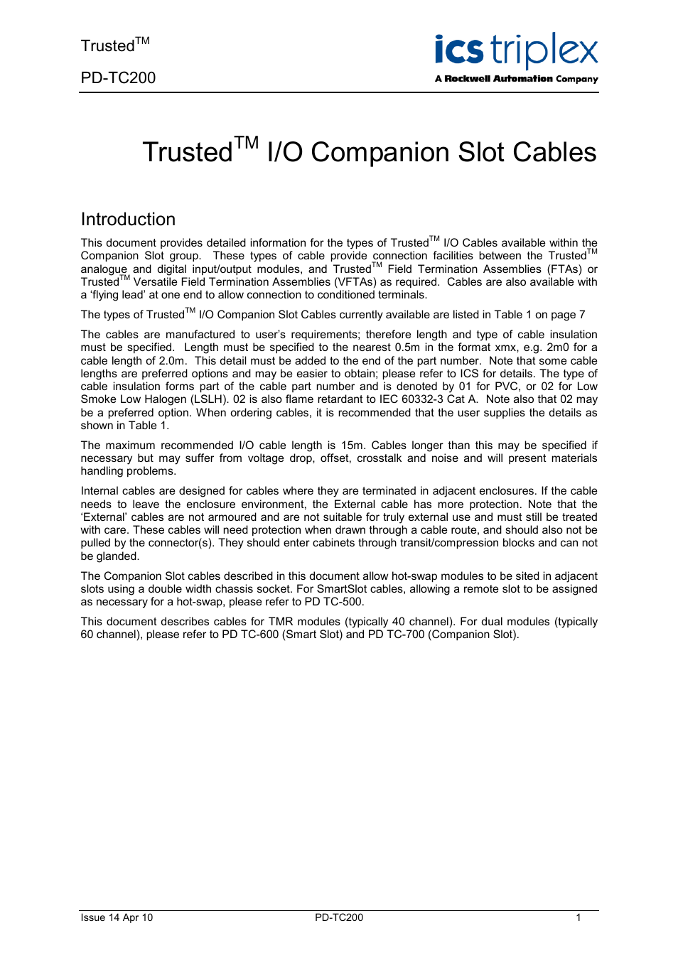 Rockwell Automation TC200 Trusted I/O Companion Slot Cables User Manual | 30 pages