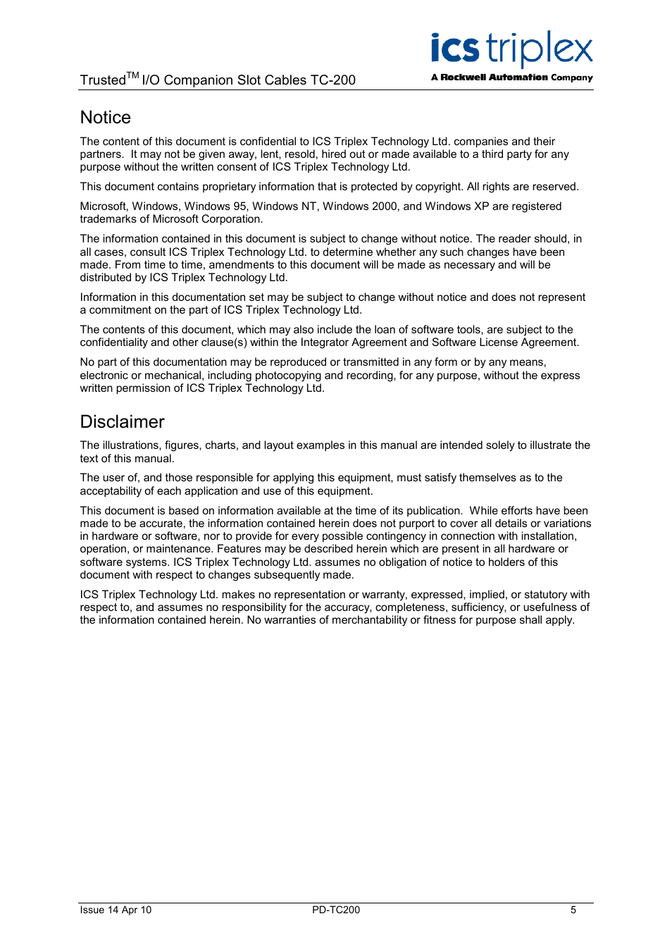 Notice, Disclaimer | Rockwell Automation TC200 Trusted I/O Companion Slot Cables User Manual | Page 5 / 30