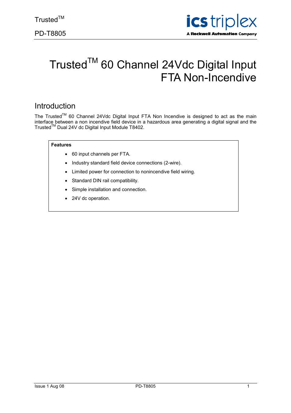 Rockwell Automation T8805 Trusted 60 Channel 24V dc Digital Input FTA Non-Incendive User Manual | 16 pages