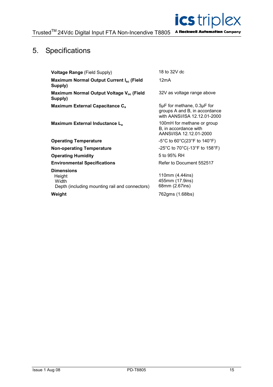 Specifications, Trusted | Rockwell Automation T8805 Trusted 60 Channel 24V dc Digital Input FTA Non-Incendive User Manual | Page 15 / 16