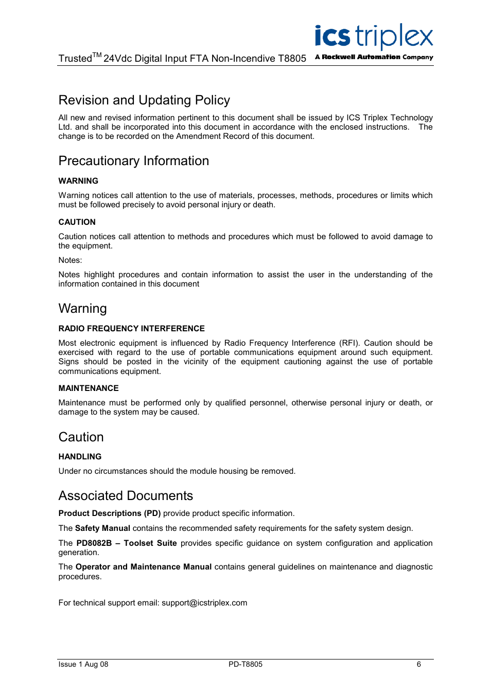 Revision and updating policy, Precautionary information, Warning | Caution, Associated documents | Rockwell Automation T8805 Trusted 60 Channel 24V dc Digital Input FTA Non-Incendive User Manual | Page 6 / 16