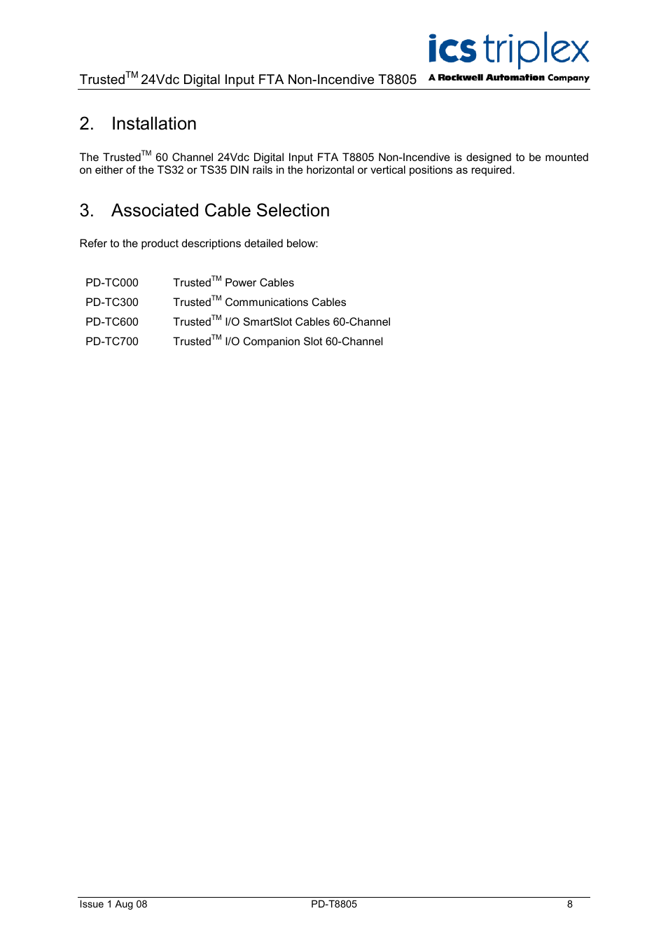 Installation, Associated cable selection, Trusted | Rockwell Automation T8805 Trusted 60 Channel 24V dc Digital Input FTA Non-Incendive User Manual | Page 8 / 16