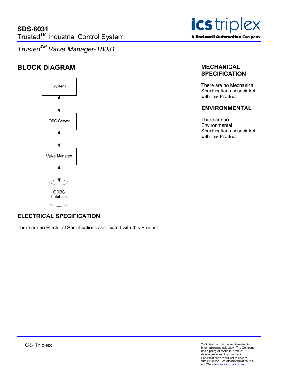 Block diagram, Electrical specification, Sds-8031 trusted | Industrial control system trusted, Valve manager-t8031 | Rockwell Automation T8031  Trusted Valve Manager User Manual | Page 2 / 2