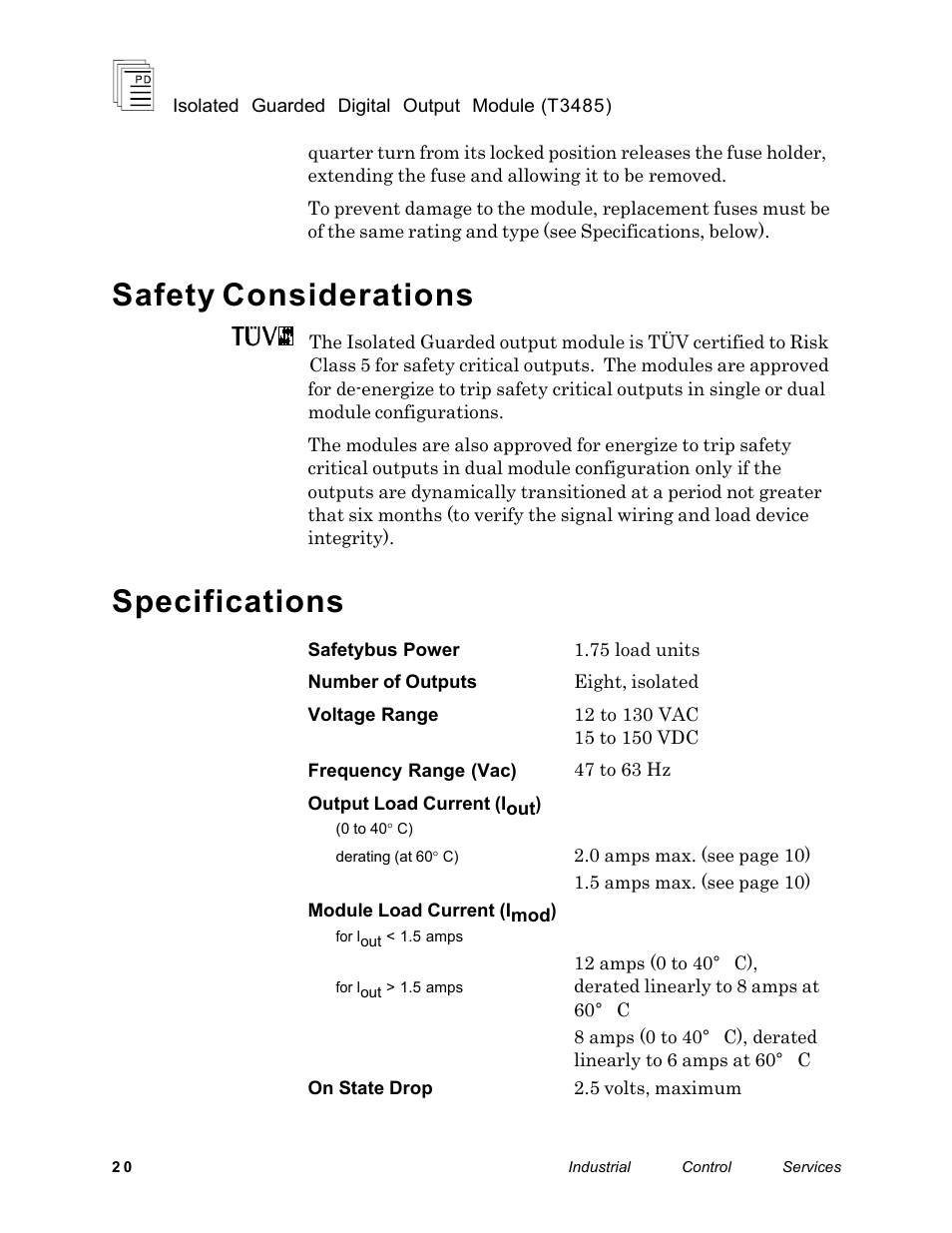 Safety considerations, Specifications | Rockwell Automation T3485 ICS Regent Isolated Guarded Output Modules User Manual | Page 20 / 22