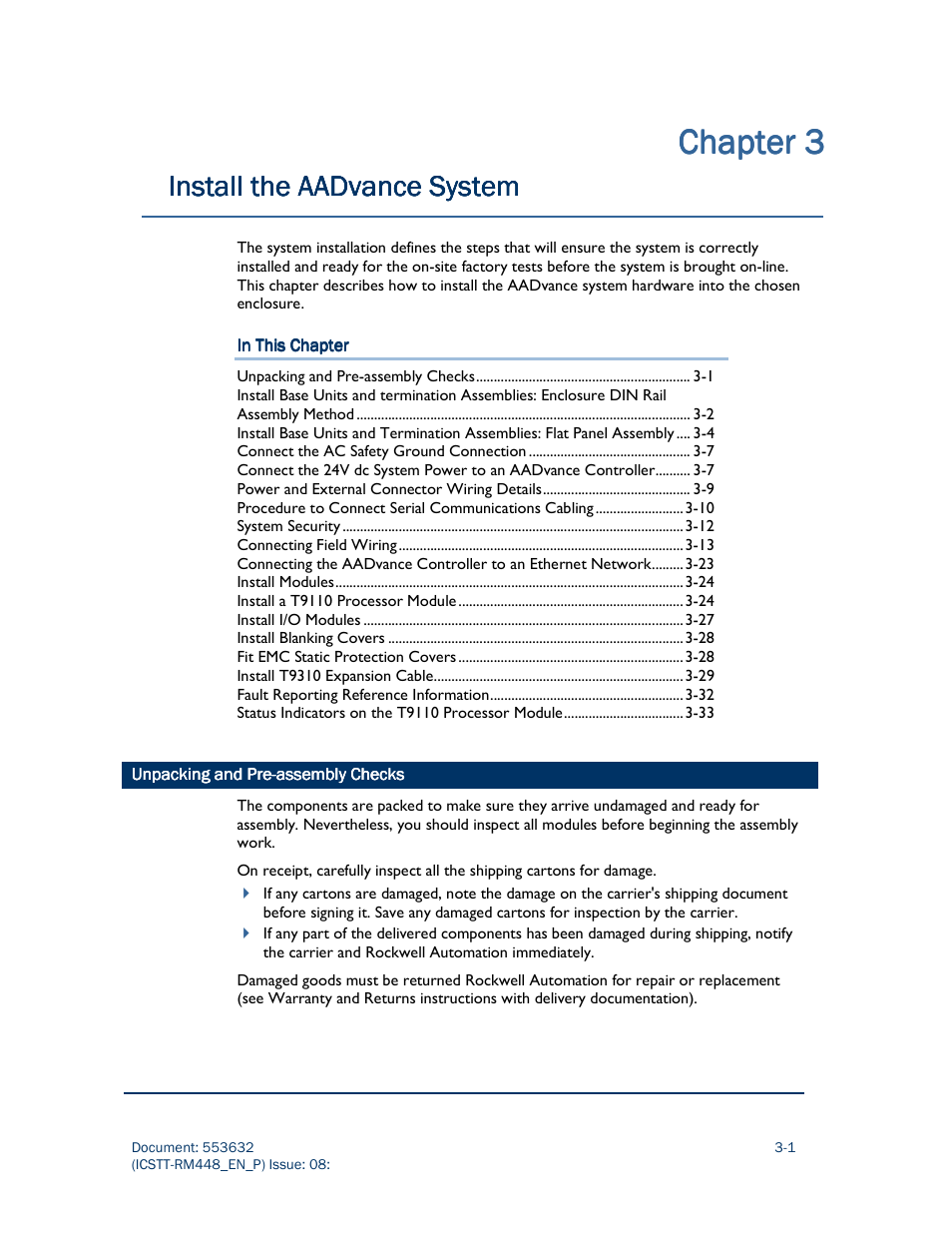 Chapter, Chapter chapter 3 3 3 3, Install the aadvance system | Rockwell Automation AADvance Controller System Build User Manual | Page 45 / 130
