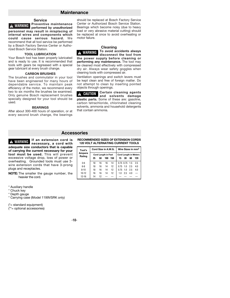 Maintenance, Accessories, Service | Cleaning, Warning, Caution | Bosch 1199VSR User Manual | Page 10 / 32