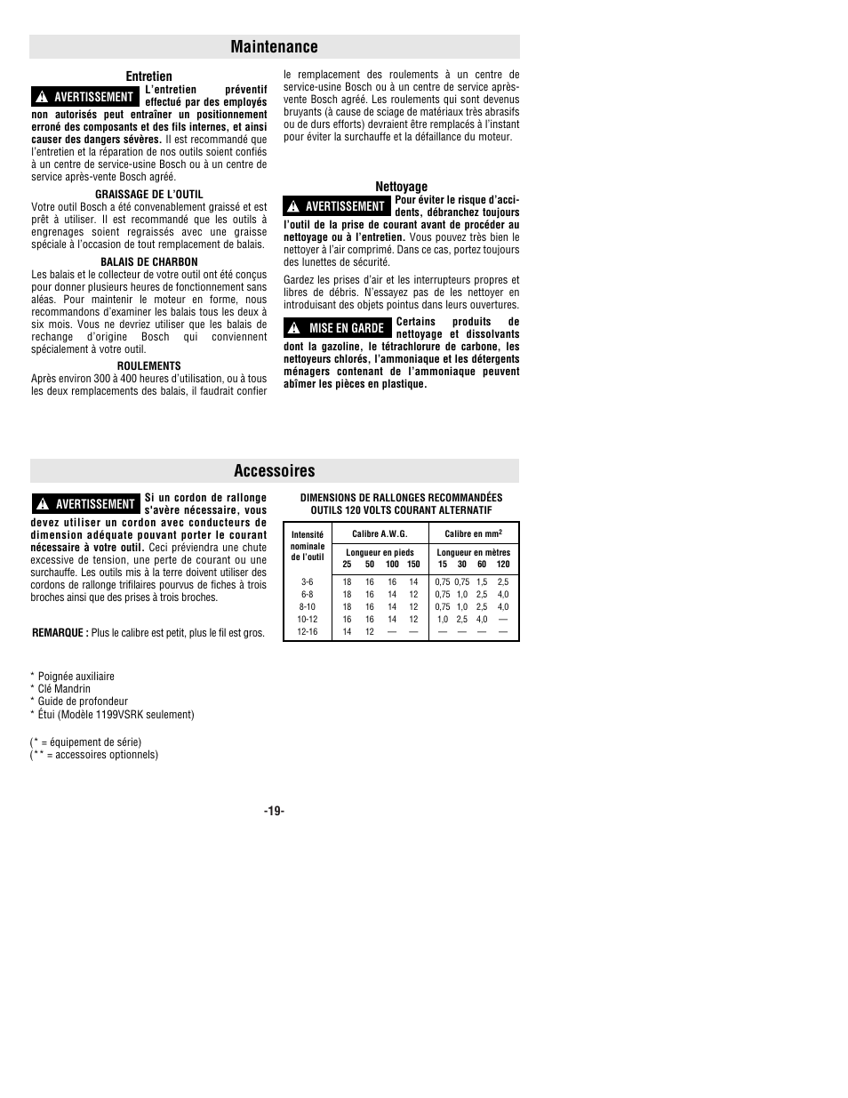 Maintenance, Accessoires | Bosch 1199VSR User Manual | Page 19 / 32