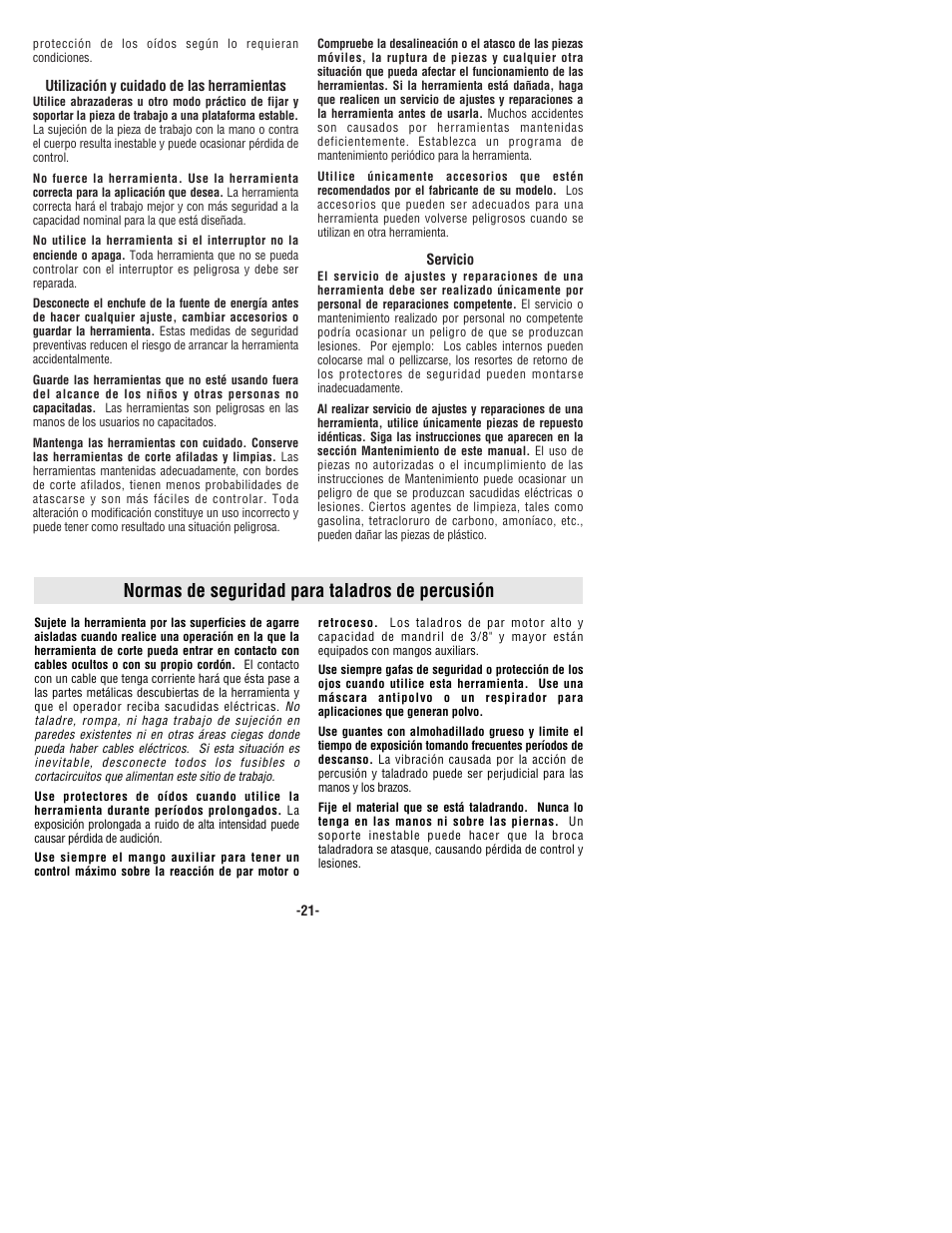 Normas de seguridad para taladros de percusión | Bosch 1199VSR User Manual | Page 21 / 32