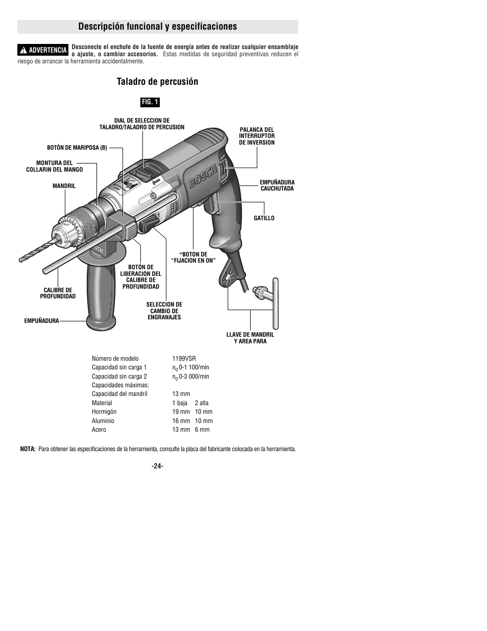 Descripción funcional y especificaciones, Taladro de percusión | Bosch 1199VSR User Manual | Page 24 / 32