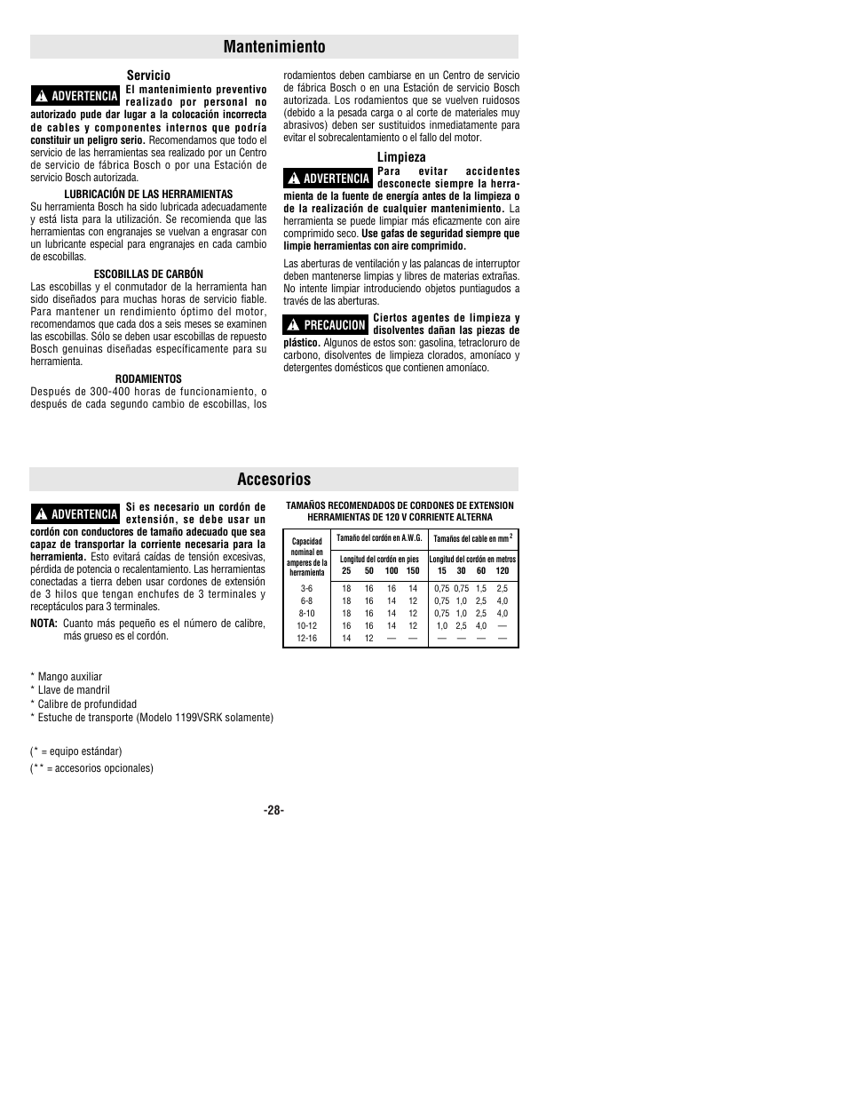 Mantenimiento, Accesorios | Bosch 1199VSR User Manual | Page 28 / 32