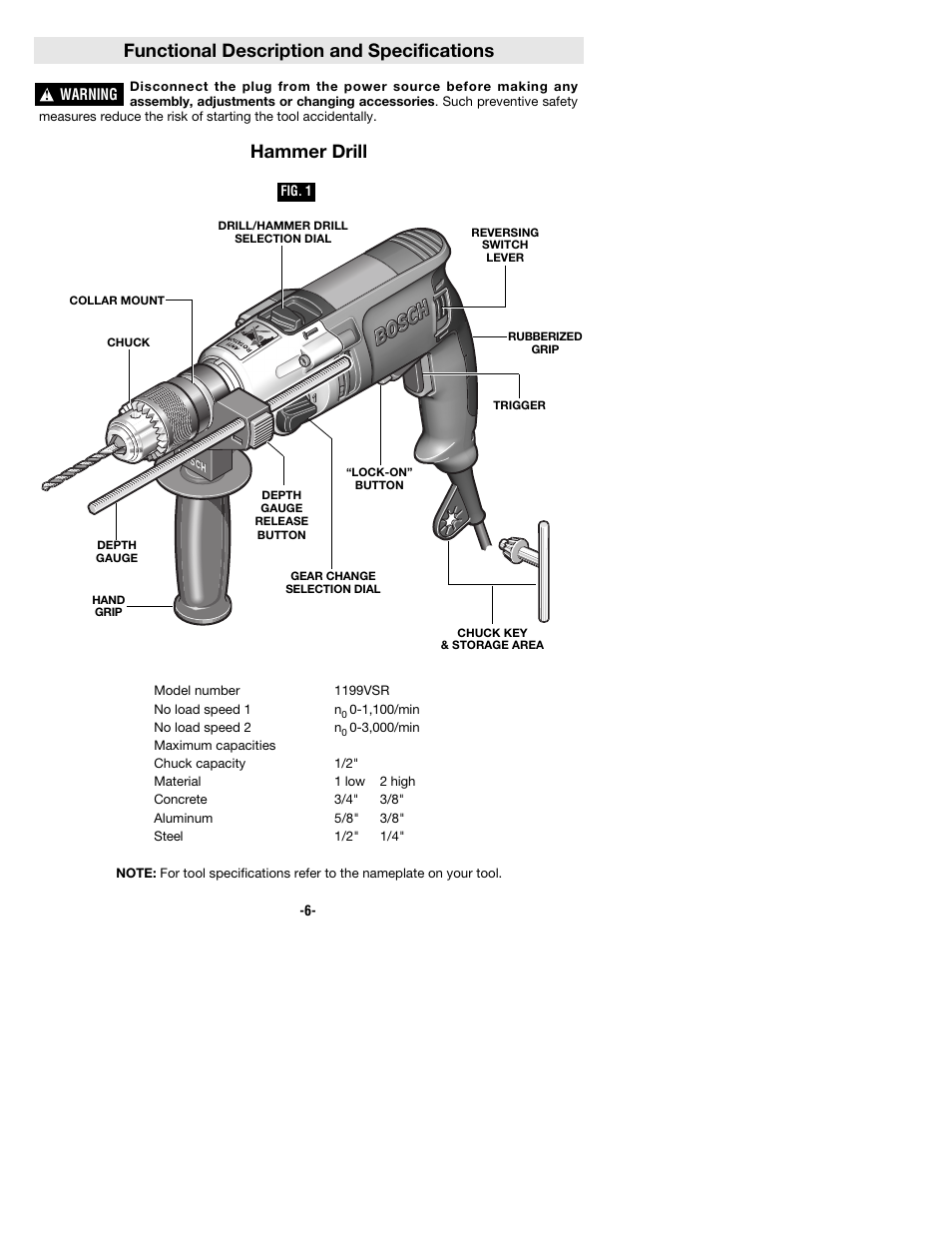 Functional description and specifications, Hammer drill | Bosch 1199VSR User Manual | Page 6 / 32