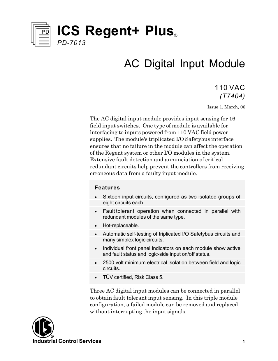 Rockwell Automation T7404 ICS Regent+Plus AC Digital Input Module 110VAC User Manual | 13 pages