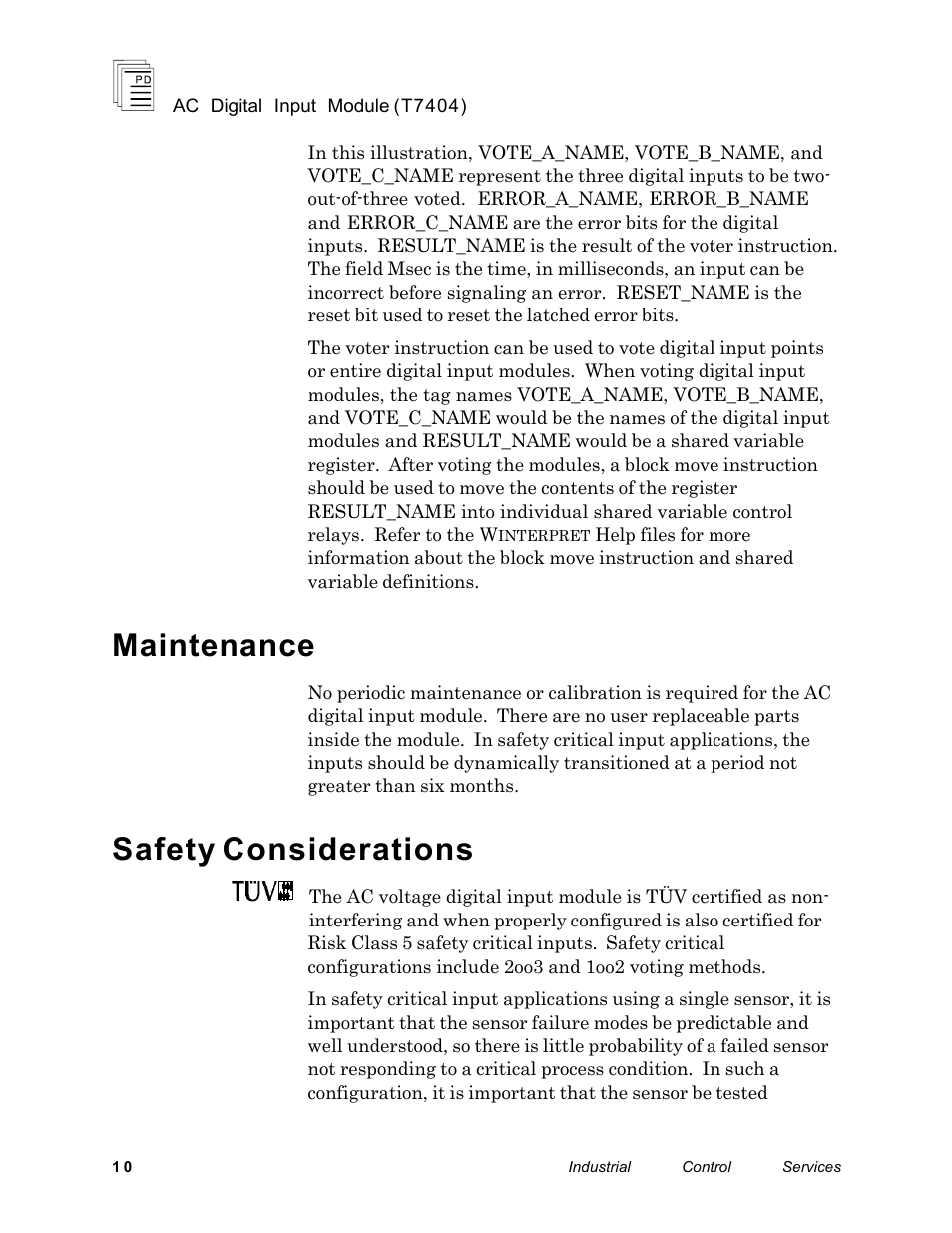 Maintenance, Safety considerations | Rockwell Automation T7404 ICS Regent+Plus AC Digital Input Module 110VAC User Manual | Page 10 / 13