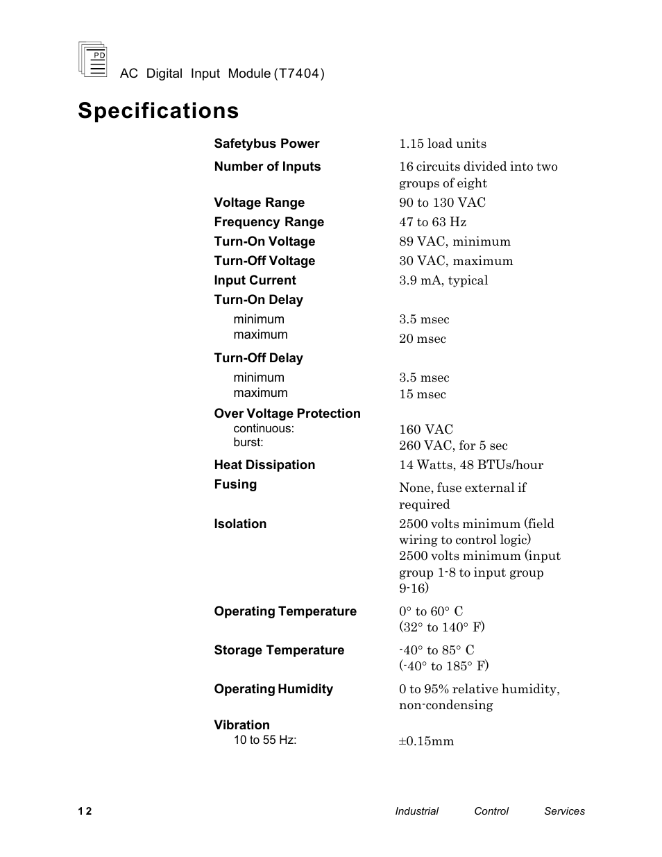 Specifications | Rockwell Automation T7404 ICS Regent+Plus AC Digital Input Module 110VAC User Manual | Page 12 / 13