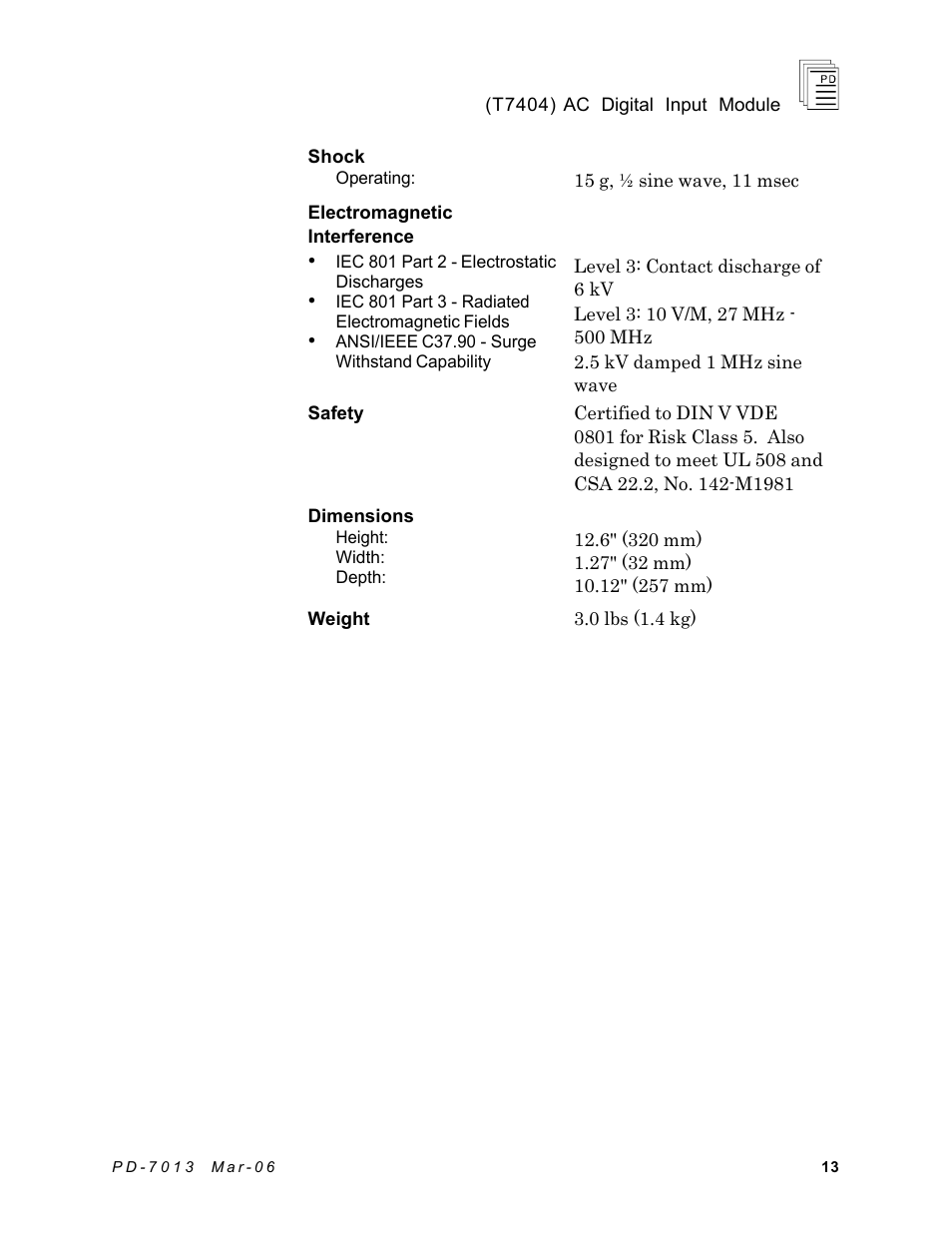 Rockwell Automation T7404 ICS Regent+Plus AC Digital Input Module 110VAC User Manual | Page 13 / 13