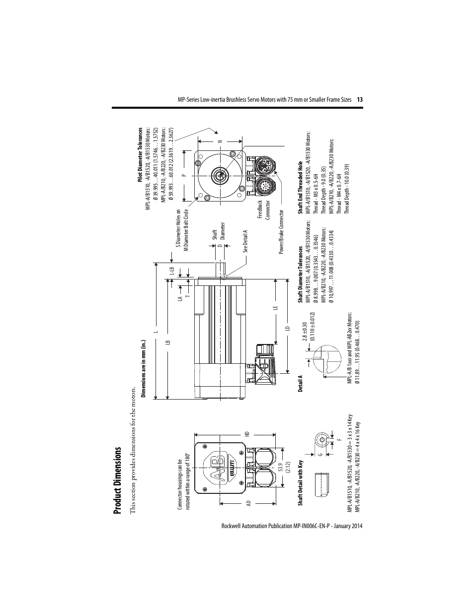 Product dimensions, Produc t dimensions | Rockwell Automation MPL-xxxx Low-inertia Servo Motors 75 mm or Smaller  User Manual | Page 13 / 22