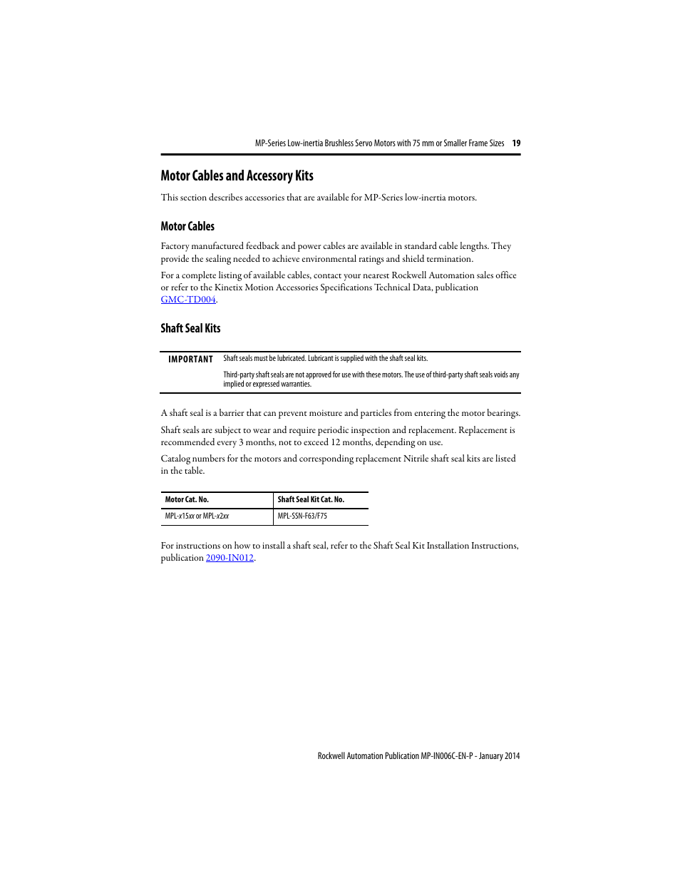 Motor cables and accessory kits, Motor cables, Shaft seal kits | Rockwell Automation MPL-xxxx Low-inertia Servo Motors 75 mm or Smaller  User Manual | Page 19 / 22