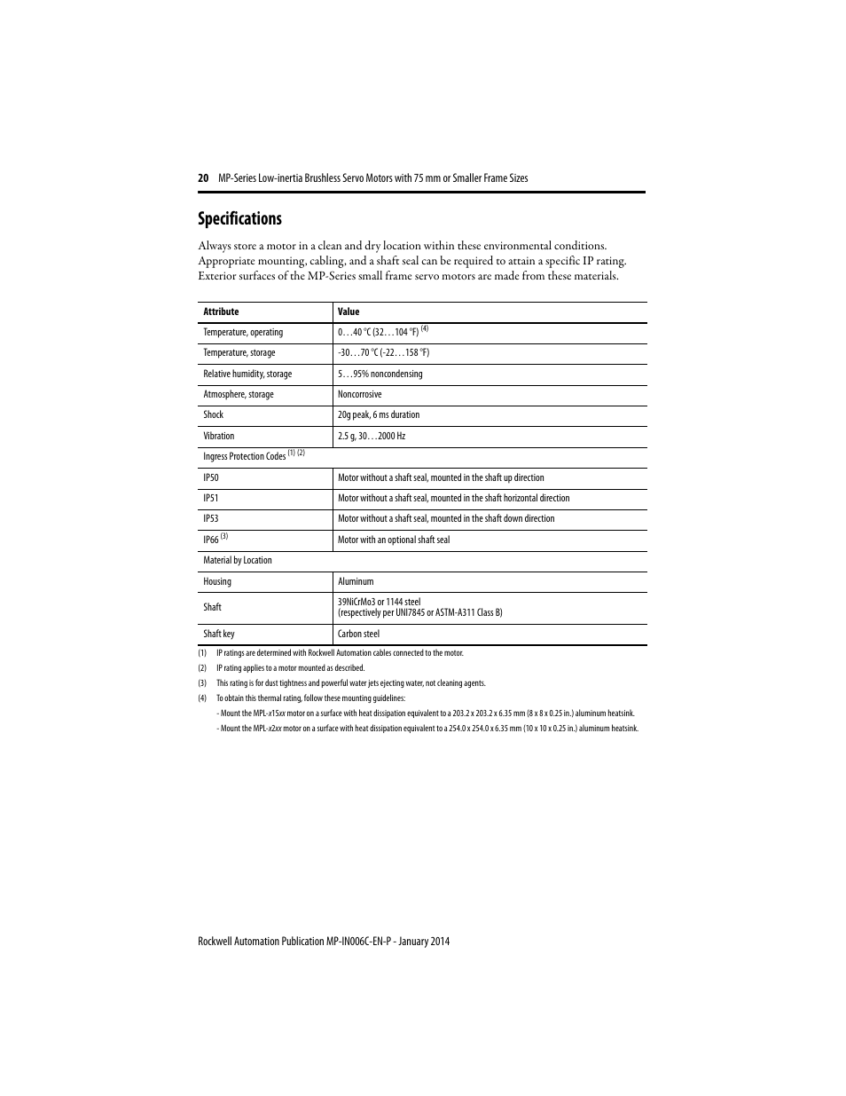Specifications, Specifications 20 | Rockwell Automation MPL-xxxx Low-inertia Servo Motors 75 mm or Smaller  User Manual | Page 20 / 22