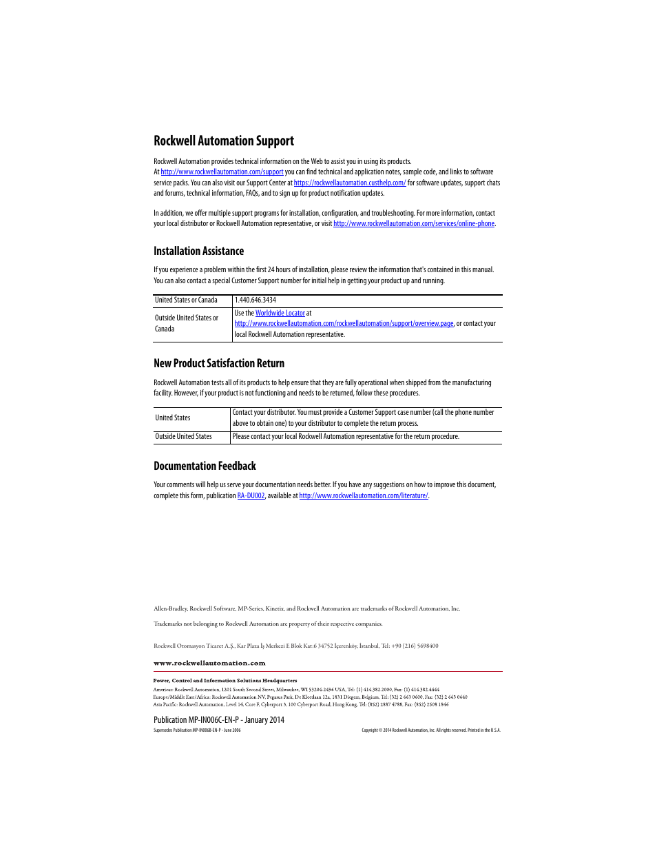 Back cover, Rockwell automation support, Installation assistance | New product satisfaction return, Documentation feedback | Rockwell Automation MPL-xxxx Low-inertia Servo Motors 75 mm or Smaller  User Manual | Page 22 / 22