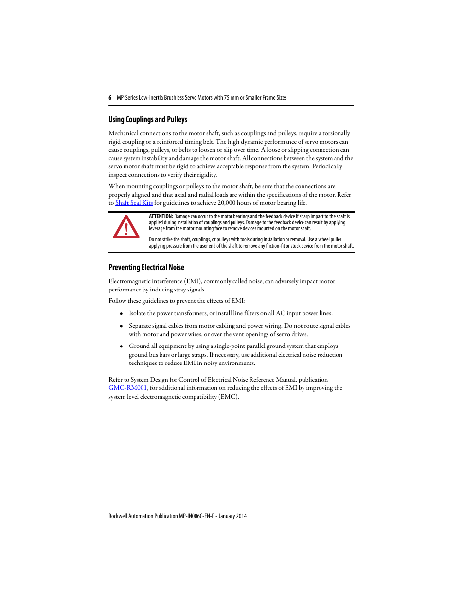 Using couplings and pulleys, Preventing electrical noise | Rockwell Automation MPL-xxxx Low-inertia Servo Motors 75 mm or Smaller  User Manual | Page 6 / 22