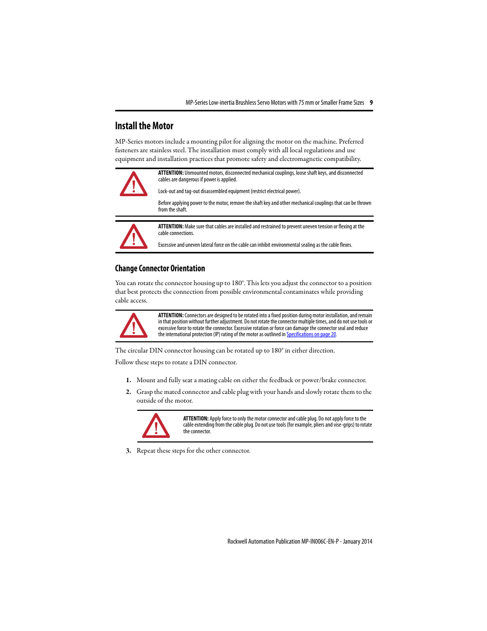 Install the motor, Change connector orientation | Rockwell Automation MPL-xxxx Low-inertia Servo Motors 75 mm or Smaller  User Manual | Page 9 / 22