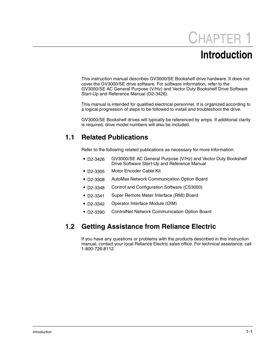 Chapter 1 - introduction, Related publications, Getting assistance from reliance electric | Hapter, Introduction, 1 related publications, 2 getting assistance from reliance electric | Rockwell Automation GV3000/SE AC Bookshelf Drive Hardware Ref, Installation, and Troubleshooting User Manual | Page 13 / 96