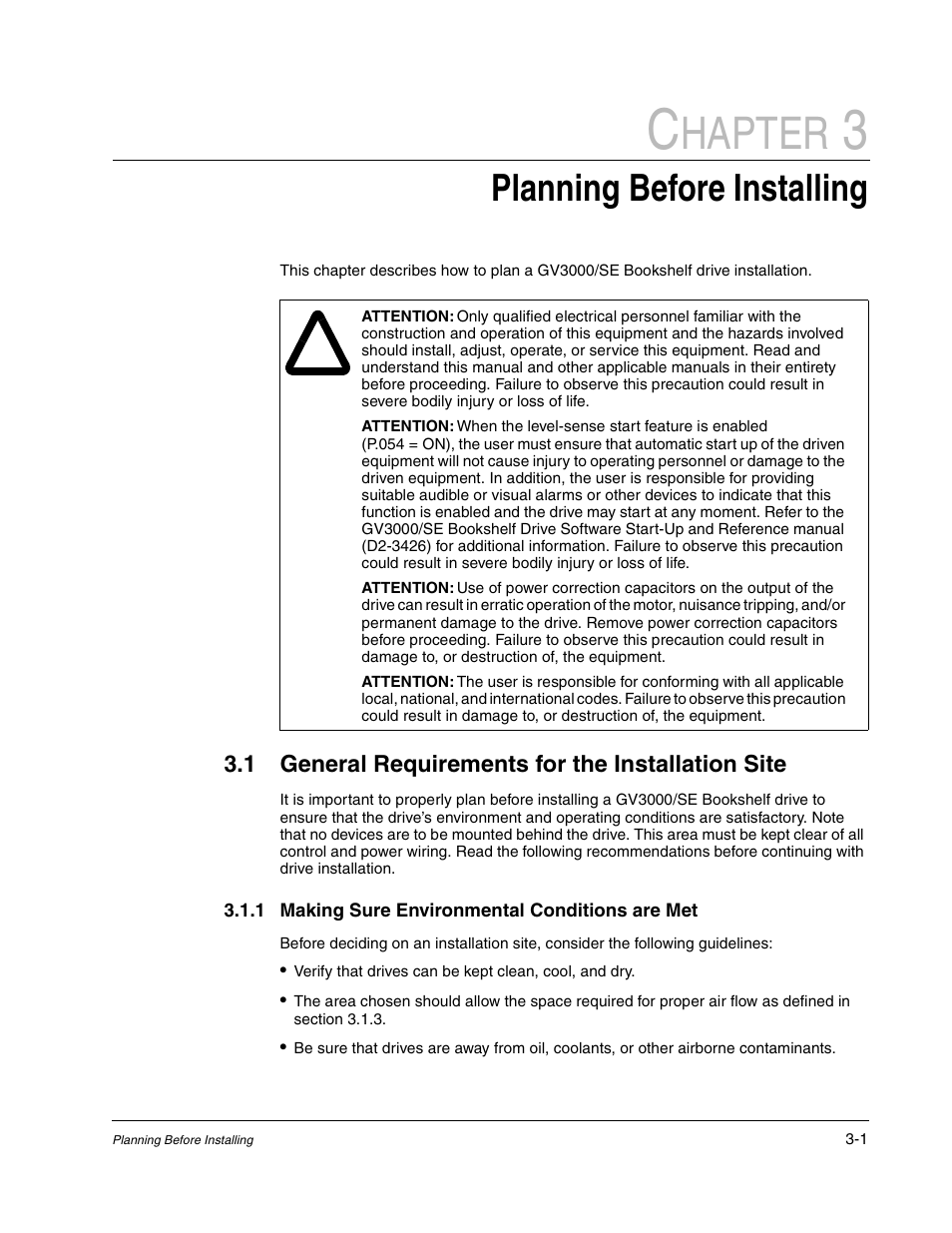 Chapter 3 - planning before installing, General requirements for the installation site, Hapter | Planning before installing, 1 general requirements for the installation site | Rockwell Automation GV3000/SE AC Bookshelf Drive Hardware Ref, Installation, and Troubleshooting User Manual | Page 29 / 96