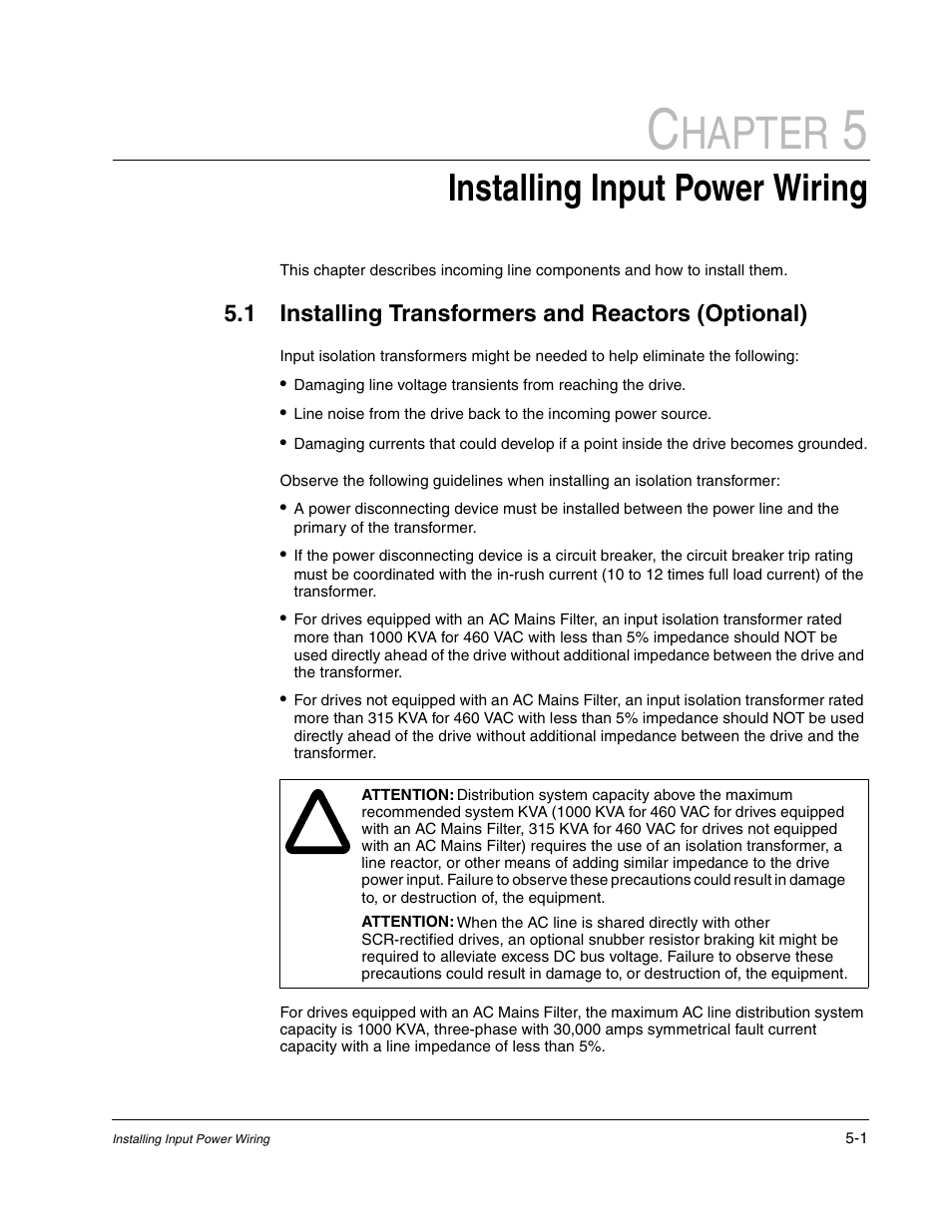 Chapter 5 - installing input power wiring, Installing transformers and reactors (optional), Hapter | Installing input power wiring, 1 installing transformers and reactors (optional) | Rockwell Automation GV3000/SE AC Bookshelf Drive Hardware Ref, Installation, and Troubleshooting User Manual | Page 45 / 96