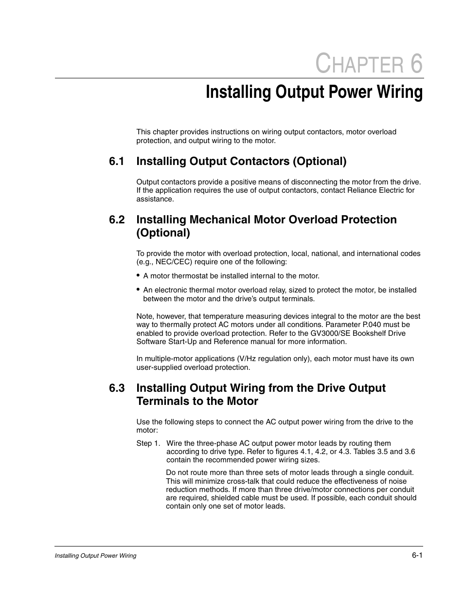 Chapter 6 - installing output power wiring, Installing output contactors (optional), Hapter | Installing output power wiring | Rockwell Automation GV3000/SE AC Bookshelf Drive Hardware Ref, Installation, and Troubleshooting User Manual | Page 49 / 96