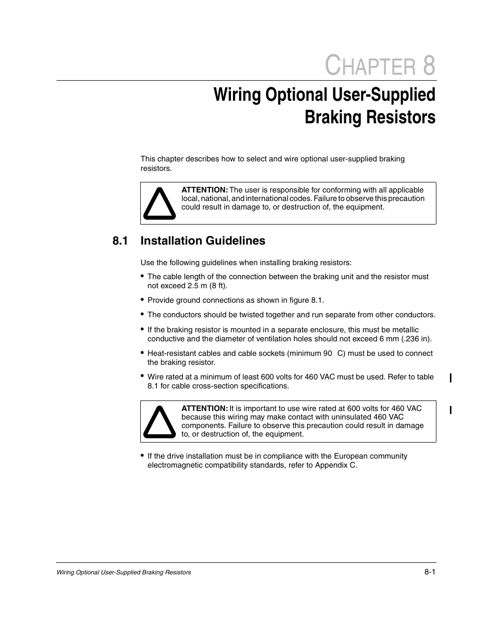 Installation guidelines, Hapter, Wiring optional user-supplied braking resistors | Rockwell Automation GV3000/SE AC Bookshelf Drive Hardware Ref, Installation, and Troubleshooting User Manual | Page 65 / 96