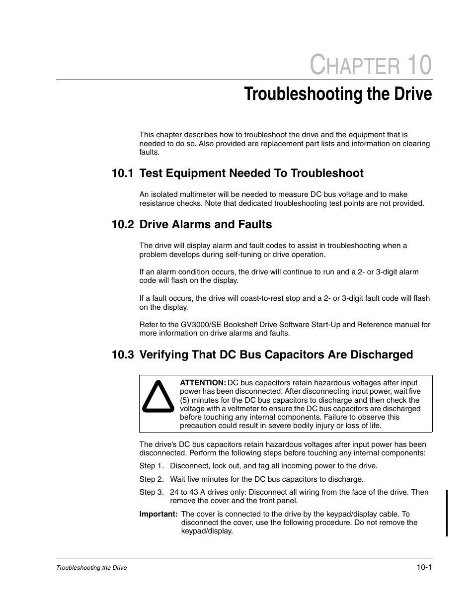 Chapter 10 - troubleshooting the drive, Test equipment needed to troubleshoot, Drive alarms and faults | Verifying that dc bus capacitors are discharged, Hapter, Troubleshooting the drive | Rockwell Automation GV3000/SE AC Bookshelf Drive Hardware Ref, Installation, and Troubleshooting User Manual | Page 71 / 96