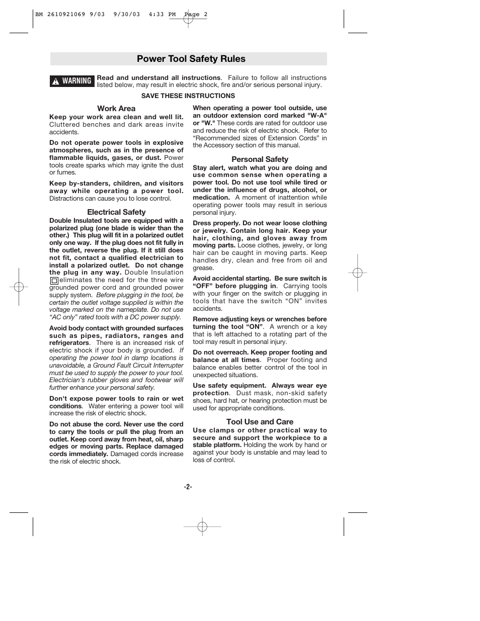 Power tool safety rules | Bosch RS5 User Manual | Page 2 / 32