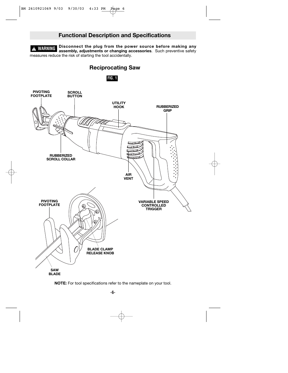 Functional description and specifications, Reciprocating saw | Bosch RS5 User Manual | Page 6 / 32