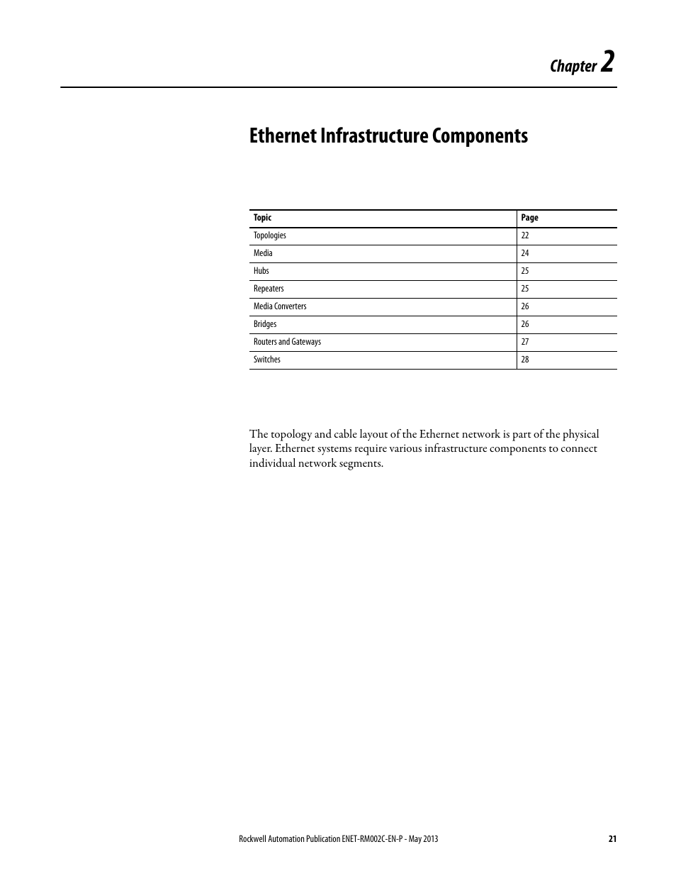 2 - ethernet infrastructure components, Chapter 2, Ethernet infrastructure components | Chapter | Rockwell Automation Ethernet Design Considerations Reference Manual User Manual | Page 21 / 106