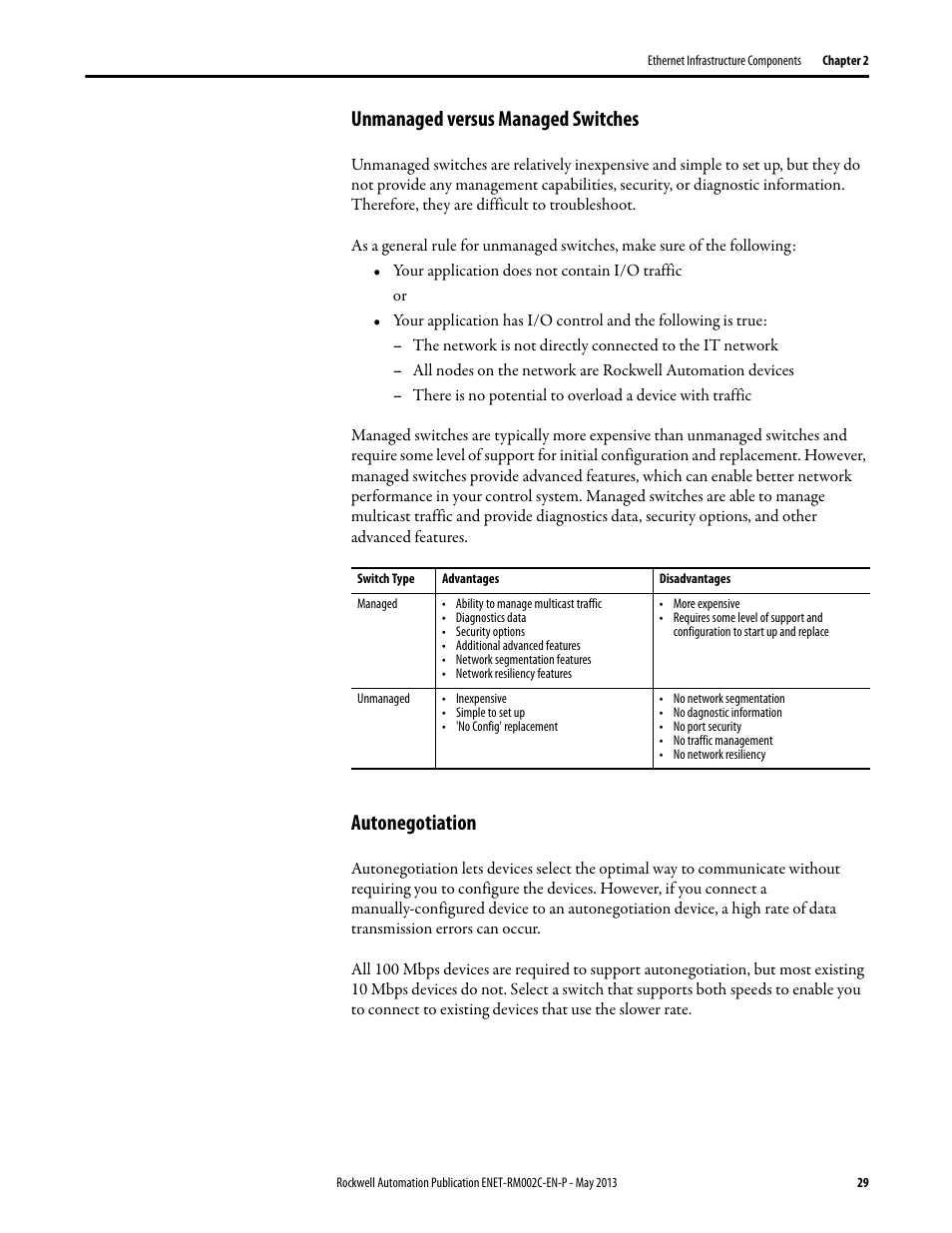Unmanaged versus managed switches, Autonegotiation, Unmanaged versus managed switches autonegotiation | Rockwell Automation Ethernet Design Considerations Reference Manual User Manual | Page 29 / 106