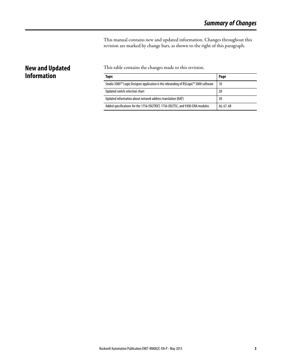 Summary of changes, New and updated information | Rockwell Automation Ethernet Design Considerations Reference Manual User Manual | Page 3 / 106