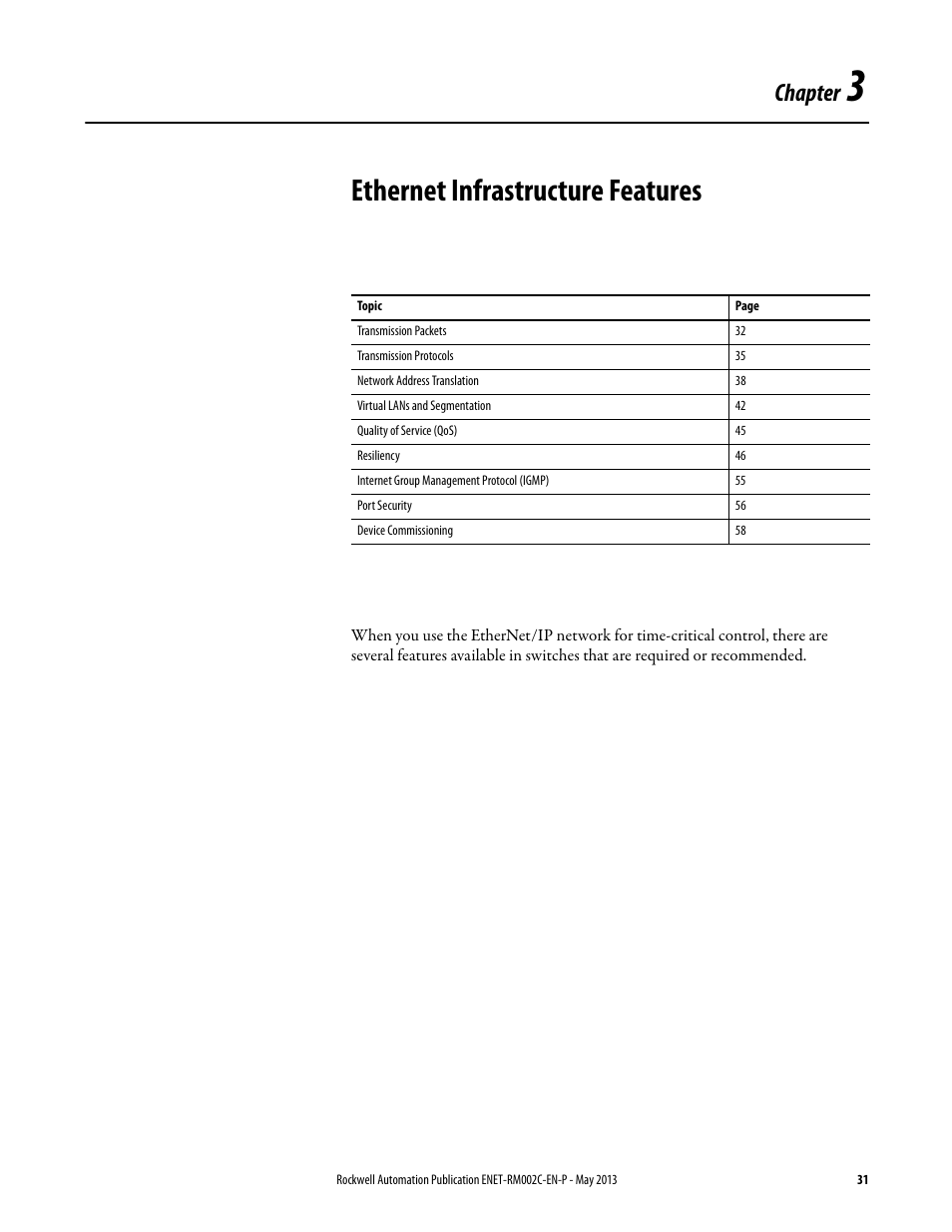 3 - ethernet infrastructure features, Chapter 3, Ethernet infrastructure features | Chapter | Rockwell Automation Ethernet Design Considerations Reference Manual User Manual | Page 31 / 106