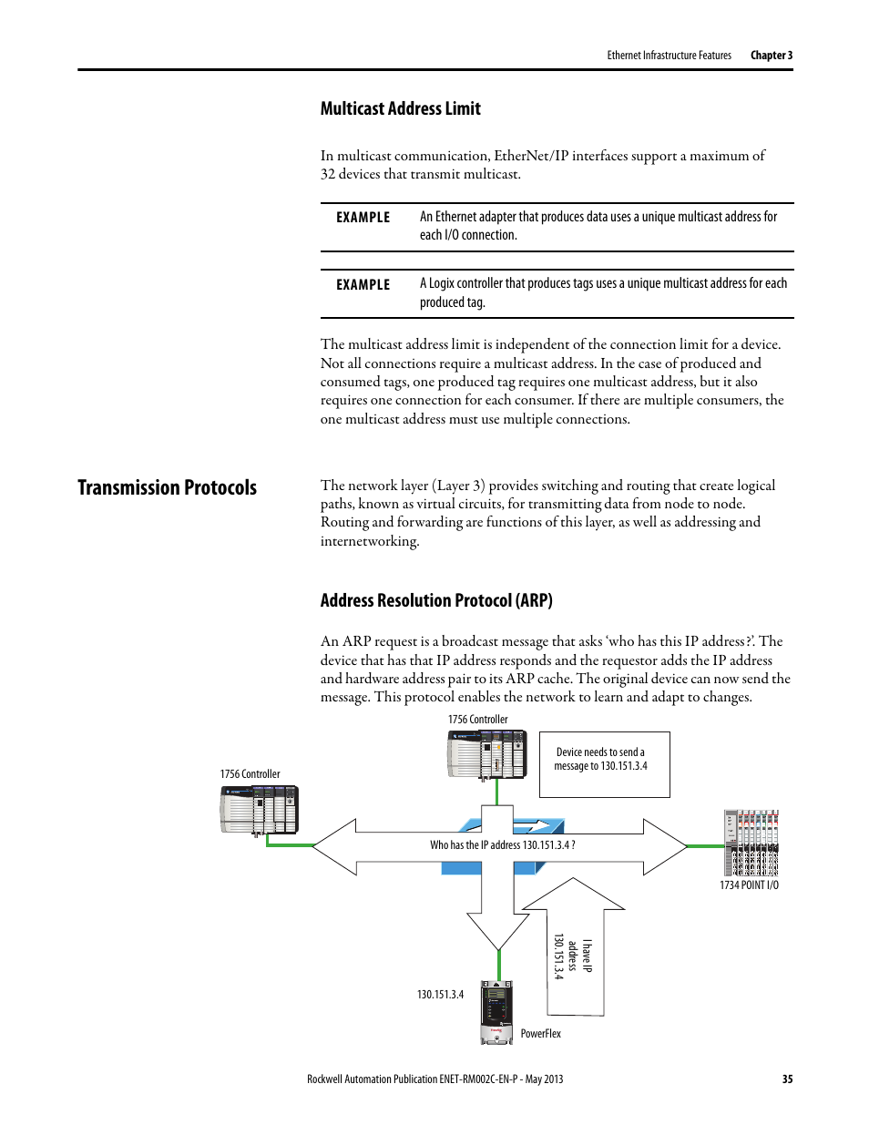 Multicast address limit, Transmission protocols, Address resolution protocol (arp) | Rockwell Automation Ethernet Design Considerations Reference Manual User Manual | Page 35 / 106