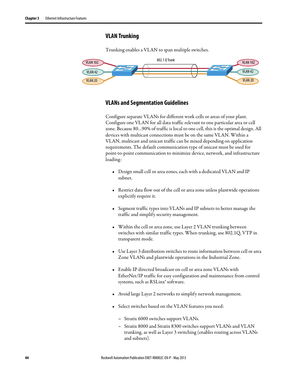 Vlan trunking, Vlans and segmentation guidelines, Vlan trunking vlans and segmentation guidelines | Rockwell Automation Ethernet Design Considerations Reference Manual User Manual | Page 44 / 106