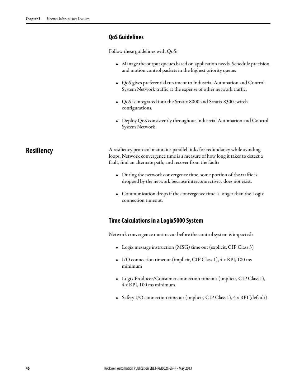 Qos guidelines, Resiliency, Time calculations in a logix5000 system | Rockwell Automation Ethernet Design Considerations Reference Manual User Manual | Page 46 / 106