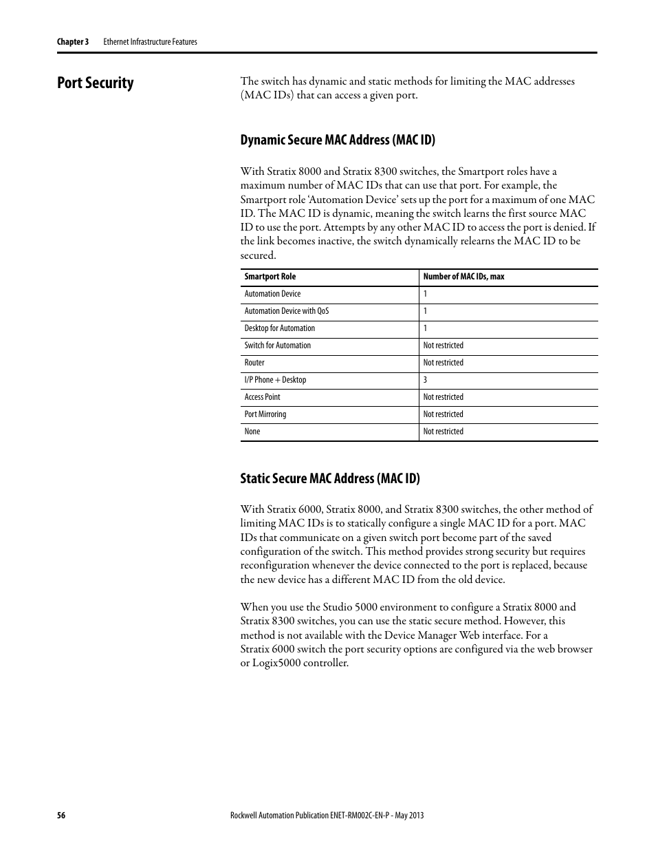 Port security, Dynamic secure mac address (mac id), Static secure mac address (mac id) | Rockwell Automation Ethernet Design Considerations Reference Manual User Manual | Page 56 / 106