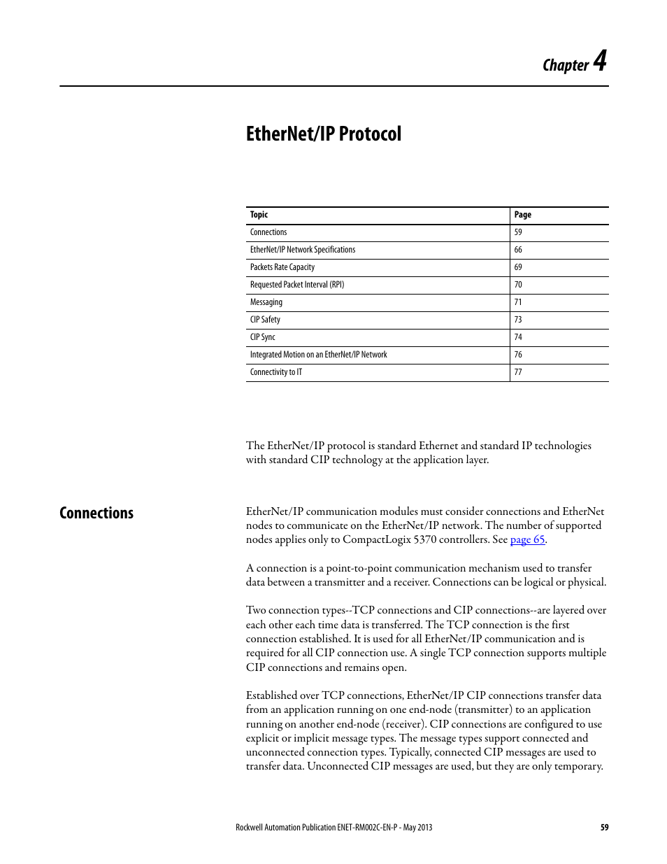 4 - ethernet/ip protocol, Connections, Chapter 4 | Ethernet/ip protocol, Chapter | Rockwell Automation Ethernet Design Considerations Reference Manual User Manual | Page 59 / 106